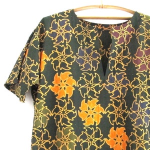 Long Kaftan in Hand-Stamped Batik, Green & Yellow Floral Print, 100% Cotton, Handsewn in Indonesia