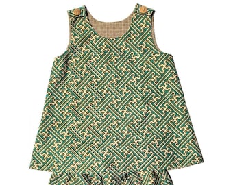 Kid's Reversible Pinafore and Pants Set in Turquoise & Brown Geometric Pattern 100% Cotton Batik, Handmade in Bali, Indonesia