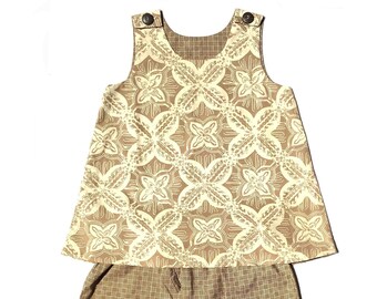 Kid's Reversible Pinafore and Pants Set in Cream & Brown Floral Pattern 100% Cotton Batik, Handmade in Bali, Indonesia