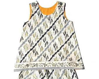 Kid's Reversible Pinafore and Pants Set in Grey & Yellow Floral Pattern 100% Cotton Batik, Handmade in Bali, Indonesia