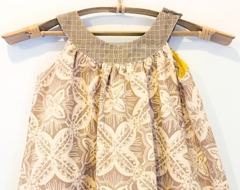 Kid's Yoke Dress in Cream Floral Pattern 100% Cotton Batik, Handmade in Bali, Indonesia