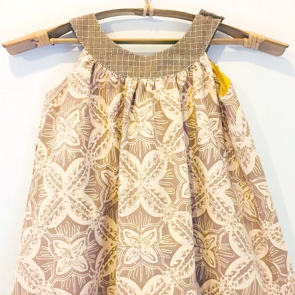 Kid's Yoke Dress in Cream Floral Pattern 100% Cotton Batik, Handmade in Bali, Indonesia