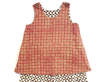 Kid's Reversible Pinafore and Pants Set in Maroon & Brown Geometric Pattern 100% Cotton Batik, Handmade in Bali, Indonesia
