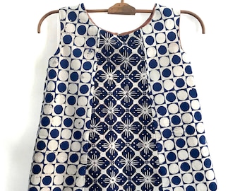Kid's Panel Dress in Natural Indigo Floral Pattern 100% Cotton Batik, Handmade in Bali, Indonesia