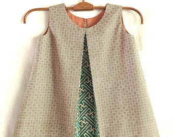 Kid's Pleated Dress in Beige & Turquoise Geometric Pattern 100% Cotton Batik, Handmade in Bali, Indonesia