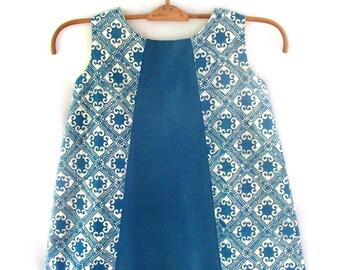 Kid's Panel Dress in Turquoise Floral Pattern 100% Cotton Batik, Handmade in Bali, Indonesia