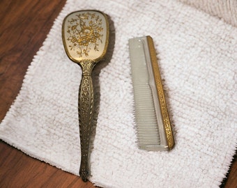 Vintage Gold Toned Brush & Comb Vanity Set Floral Pattern Women's Dresser