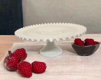 Vintage Fenton Hobnail Ruffled Milk Glass 12" Pedestal Cake Stand Plate