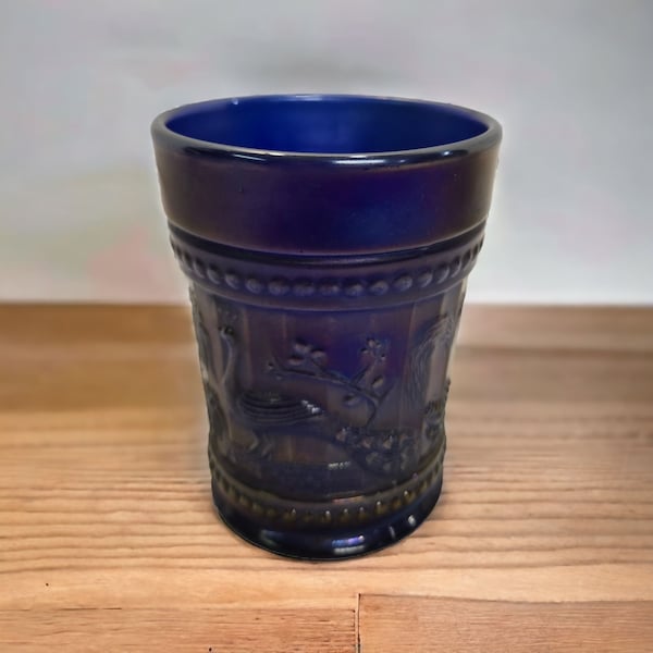 Vintage Northwood Carnival Glass Peacock @the Fountain Electric Blue Tumbler