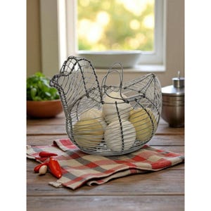 Vintage Decorative Wire Hen Chicken Egg Basket w/6 Ceramic Eggs Country Farmhouse