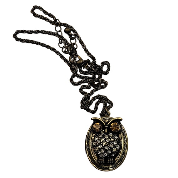 Vintage Gold Toned Rhinestone Owl Locket Necklace… - image 2