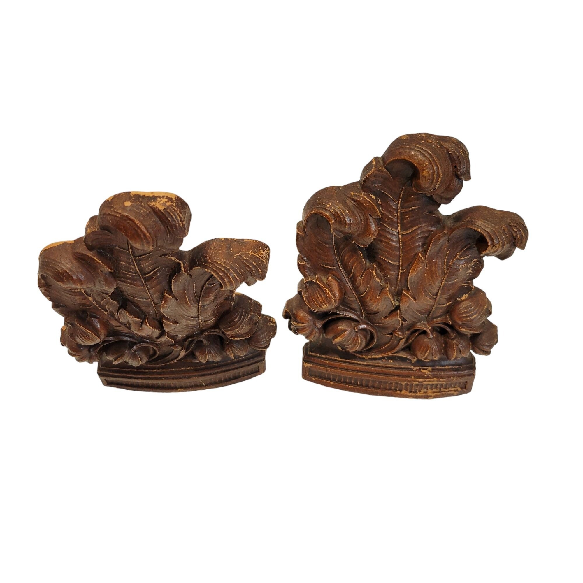 Vintage Syroco Wooden Brown Acanthus Leaf Bookends Syracuse Ornamental