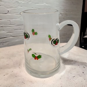Vintage Artland Williamsburg Holly Days Design 48 Oz Blown Glass Pitcher