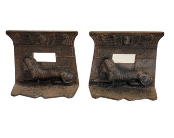 Pair of Vintage Set of 2 Sphinx Cast Iron Metal Bookends Egyptian Style