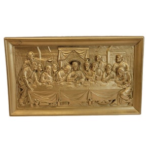 Vintage Chalk Ware Gold Toned "The Last Supper" Jesus & 12 Apostles Wall Hanging