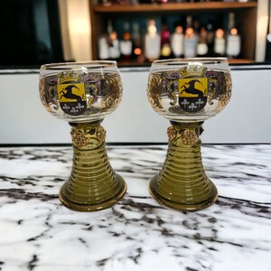 Vintage Pair of German Green Stem Goblets Roemer Wine Toasting Glasses 5 1/8&quot;
