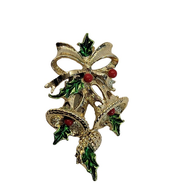 Vintage Jerry's Holly & Berry Christmas Gold Toned Brooch Pin