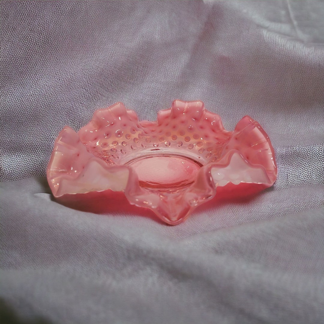 Vintage Pink Opalescent Fenton Glass Art Hobnail Ruffled Edge Candy Nut ...
