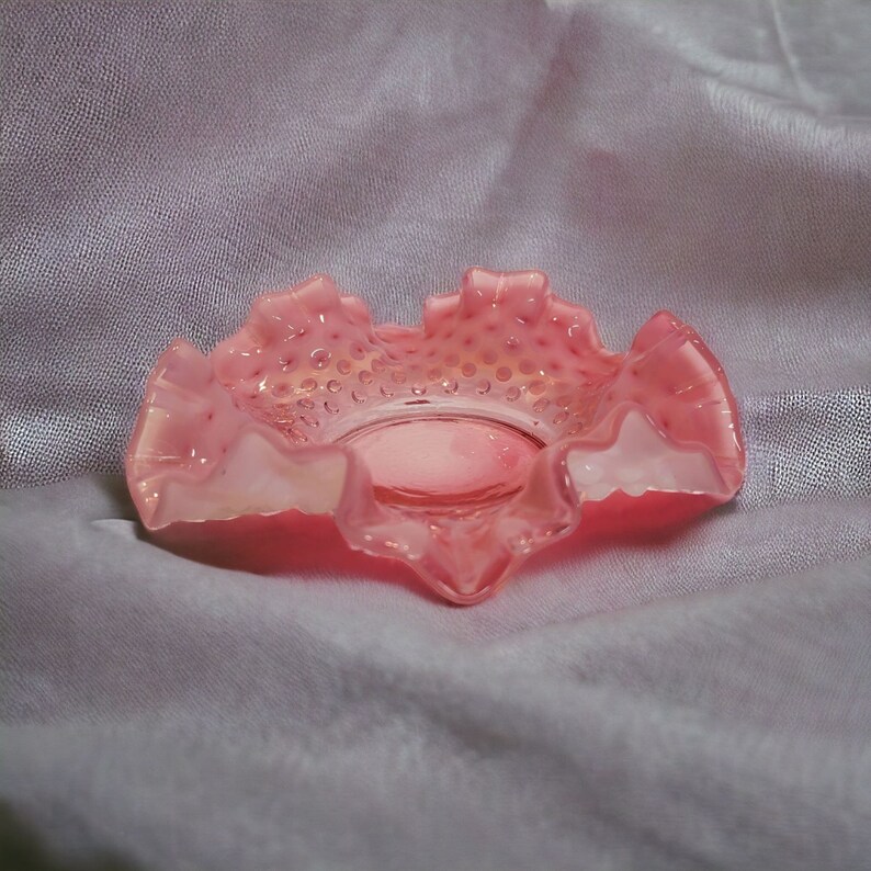 Vintage Pink Opalescent Fenton Glass Art Hobnail Ruffled Edge Candy Nut ...