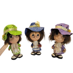 Trio of Vintage Paper Mache Folk Art Dolls Figurines Green Blue & Purple