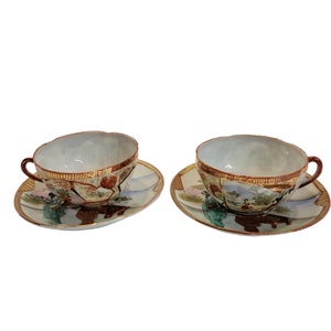 Pair of Vintage Hand Painted Porcelain Tea Cup & Saucer Hand Painted in Japan
