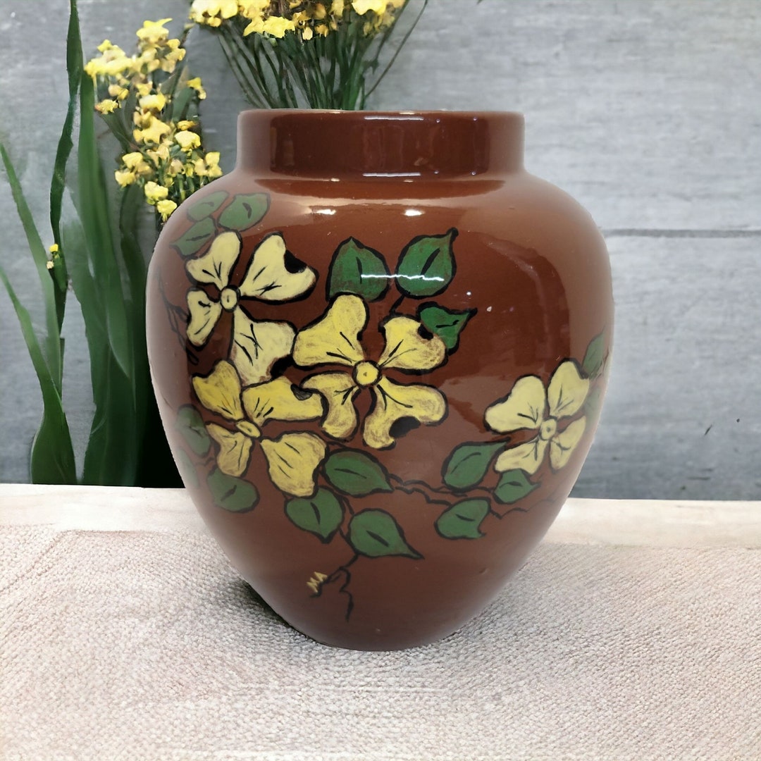 Vintage Hand Painted Ceramic Pottery Vase Planter Signed Brown Floral ...