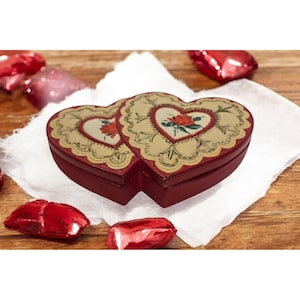 Grande boîte à bijoux vintage faite main en céramique double coeurs Saint-Valentin roses rouges
