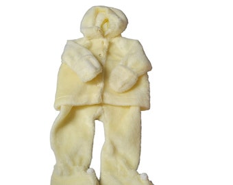 Vintage Yellow Faux Fur Baby Boy/Girl Hooded Footed Snow Suit 9-18 Mos