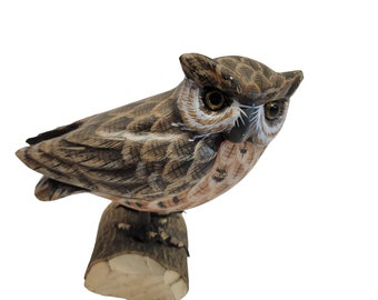 Vintage Hand Carved Hand Painted Wooden Owl Perched on Log Birds Nature