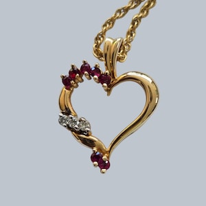 Vintage Gold Ruby & Diamond Heart Pendant Necklace P14K Gold Marked