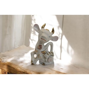 Vintage Porcelain Anthropomorphic Cow Bull Gold & White Figurine Kitch Japan