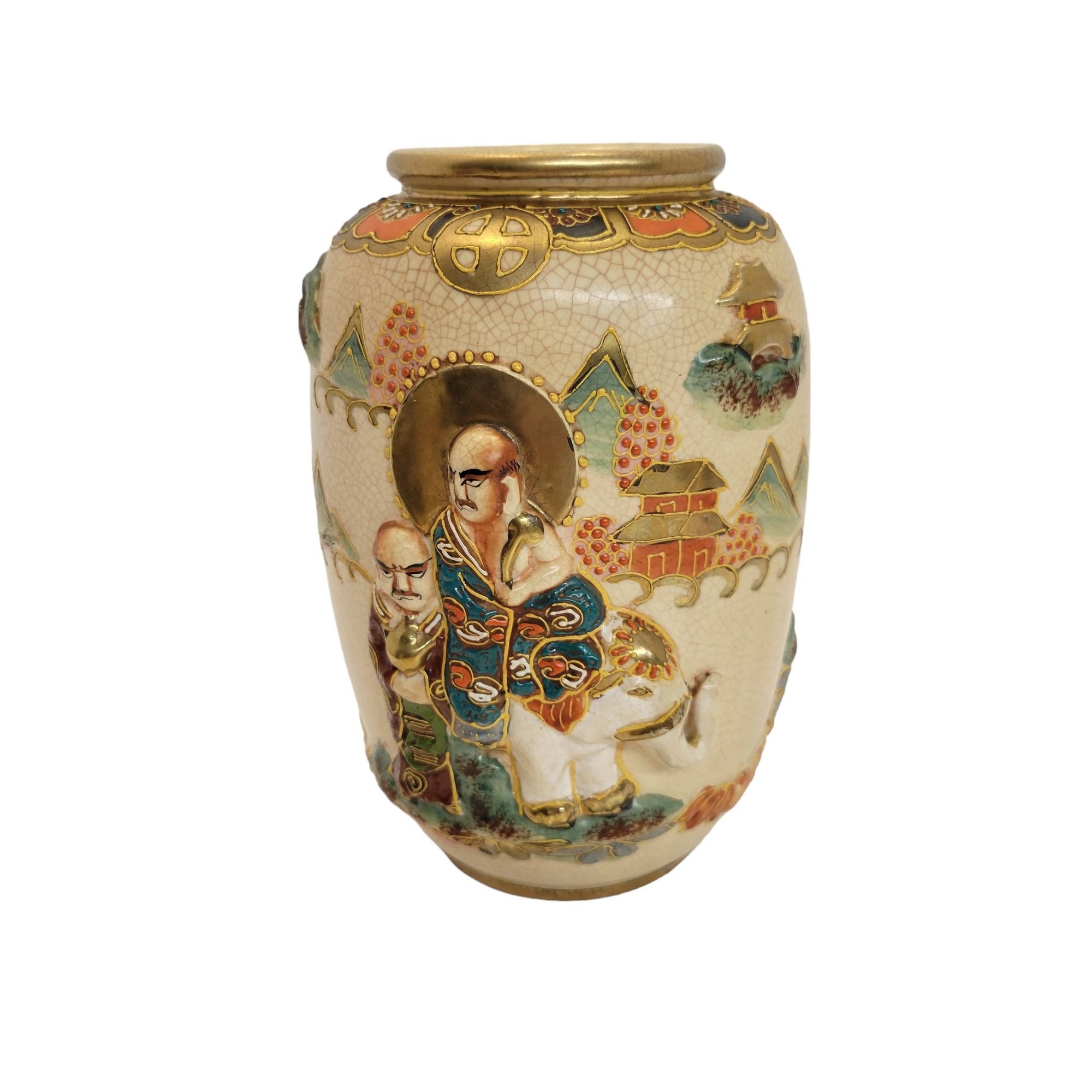 View of Vintage Satsuma Pottery Vase W/raised Design Marked Gold Guilt Japan - Etsy