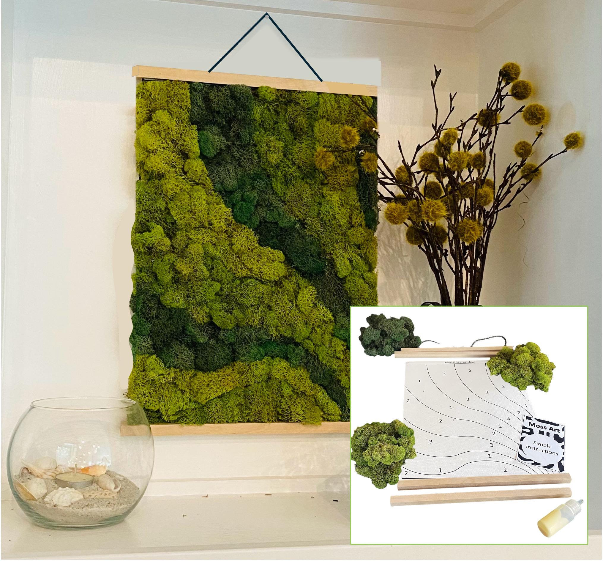 Moss Art by Numbers Kit. Based on the paint by numbers method of instruction but using natural preserved reindeer moss in 3 different shades
