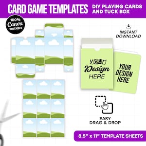 May include: A template for DIY playing cards and tuck box. The design includes a card layout, a box template, and a deck of cards with the text "your design here". The template is 8.5" x 11" and Canva editable.