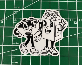 Pegatina de vinilo impermeable estilo caricatura retro vintage con mancha de tinta y hombre de taza y leche