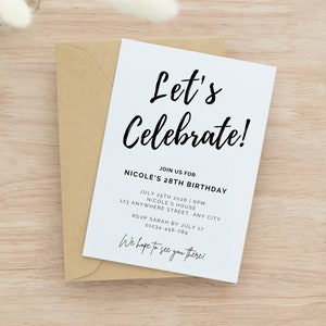 Modello modificabile online di invito a una festa minimalista, inviti per feste di compleanno a sorpresa, inviti per anniversario, invito in bianco nero per lui