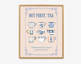 But First Tea Poster, Teacups Wall Art Scandi, Mid-Century Posters, Kitchen Prints, Housewarming Gift, Tea Print, Tea Art, Vintage Cups