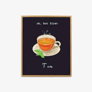 But First Tea Poster, Teacups Wall Art Scandi, Mid-Century Posters, Kitchen Prints, Housewarming Gift, Tea Print, Tea Art, Vintage Cups