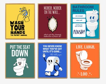Modern Bathroom Wall Art Printable, Playful Bathroom Decor, Funny Bathroom Wall Art Set of 6, Bathroom Print Set, Bathroom Door Sign