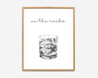 Whiskey On The Rocks Print, On the Rocks Bar Wall Art, Minimalist Kitchen Poster, Aesthetic Bar Prints, Bar Cart Prints, Bar Art, Neat Print