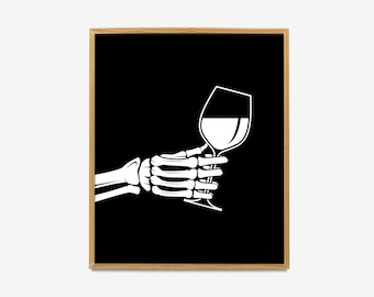 Skeleton Holding Red Wine Art Print,  Wine Printable Wall Art, Funny Wine Art Poster, Happy Hour Bar Cart Kitchen Print, Wine Lover Gift