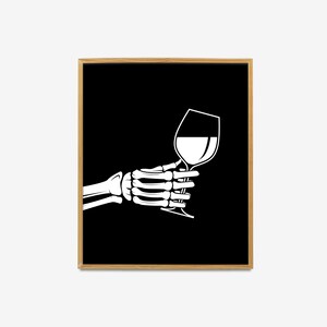 Skelet met rode wijn Art Print, afdrukbare wijnkunst aan de muur, grappige wijnkunstposter, Happy Hour Bar Cart Kitchen Print, wijnliefhebber cadeau