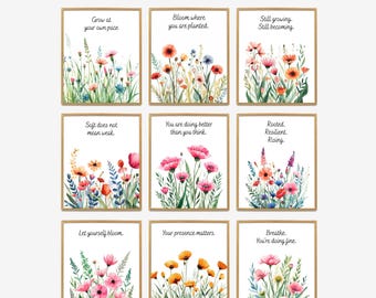 Wildflower Affirmations Poster Set, Boho Floral Botanical Wall Art Printable, Spring Flower Motivational Wall Art, Growth Mindset Quotes