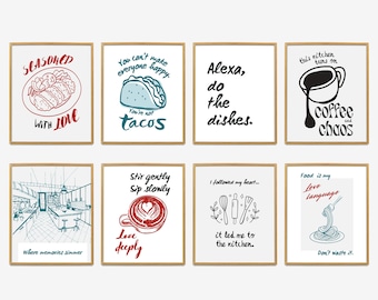 Juego de 8 imprimibles de cocina, decoración divertida para la pared de la cocina, arte mural para la cocina, juego de impresiones tipográficas para la cocina, decoración del hogar