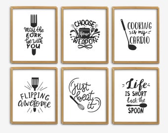 Kitchen Printable Set of 6, Funny Kitchen Wall Decor, Kitchen Wall Art, Kitchen Utensils Wall Art, Kitchen Typography Prints Set, Home Decor