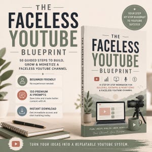 May include: A book titled The Faceless Youtube Blueprint with a beige cover featuring a mountain landscape, a laptop, a camera, and a mug. The text includes 50 guided steps to build, grow and monetize a faceless Youtube channel and beginner friendly.