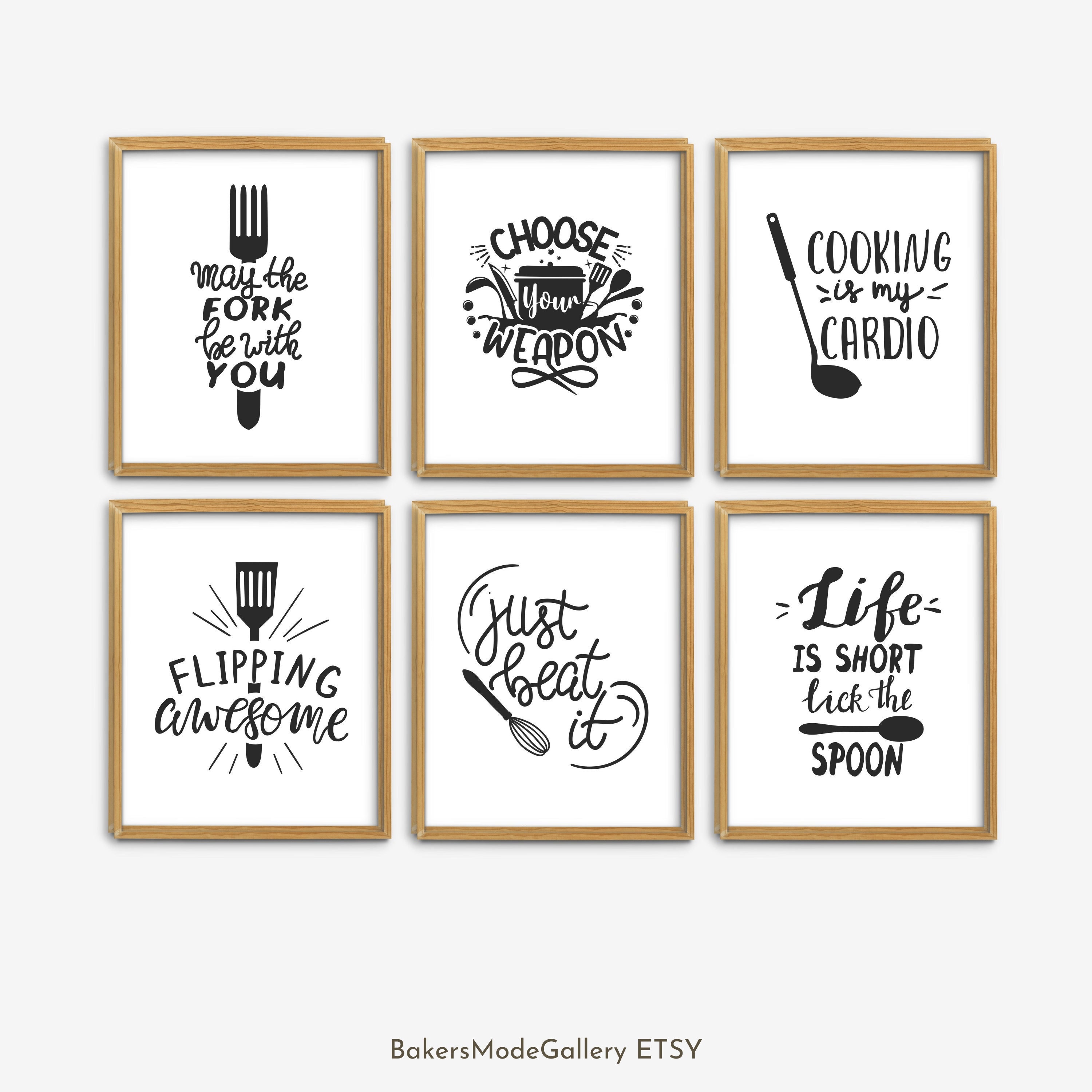 Home Decor Funny Gift 6 Kitchen Wall Art Prints Kitchenware with Sayings  Unframed Farmhouse Home Office organization Signs Bar Accessories  Decorations sets white house Deco Kitchen Decor (5x7)
