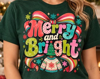 Merry and Bright Christmas Shirt, Retro Bow Graphic Tee, Colorful Holiday T-Shirt, Christmas Gift for Her