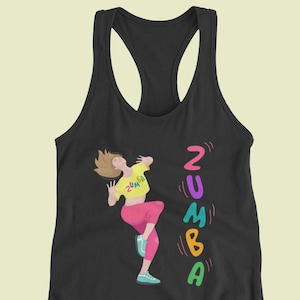 May include: Black racerback tank top featuring a colorful illustration of a person dancing. The person is wearing a yellow top and pink pants. The word "ZUMBA" is written vertically in colorful letters.