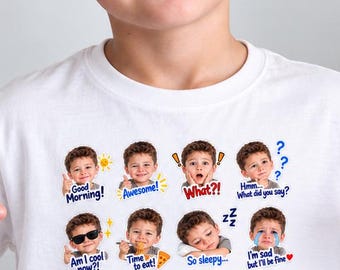 Custom Photo Sticker T-Shirt, Personalized Kids Shirt, Expressive Character Design